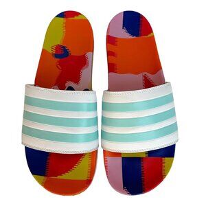 Adidas Adilette Comfort Slides in White / Aqua / Active Blue